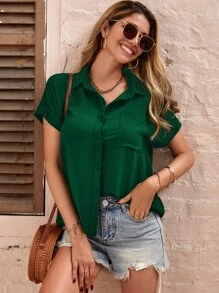 SHEIN LUNE Áo sơ mi Đã vá Túi tay cánh - màu xanh lá - Xem 5