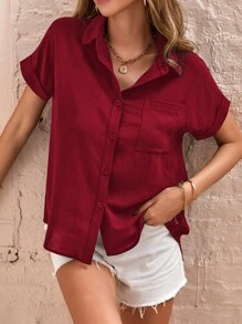 SHEIN LUNE Patched Pocket Batwing Sleeve Shirt - Burgundy - View 5
