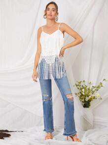 SHEIN Unity Áo hai dây mép màu trơn Boho - trắng - Xem 2