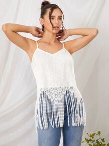 SHEIN Unity Áo hai dây mép màu trơn Boho - trắng - Xem 4