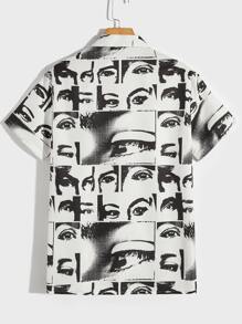 Manfinity RebelGame 男士人像圖案西裝領襯衫 - 黑與白 - 查看 2