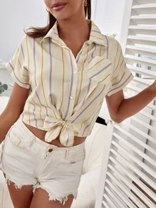 Vertical Striped Batwing Sleeve Knot Front Crop Blouse - Apricot - View 1