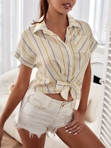 Vertical Striped Batwing Sleeve Knot Front Crop Blouse - Apricot - View 5