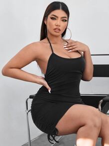 大碼露背側抽繩吊脖緊身洋裝 - 黑色 - 查看 4