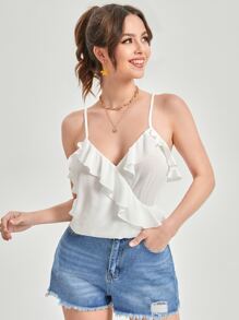 SHEIN Privé 荷葉邊素色吊帶上衣 - 白色 - 查看 1