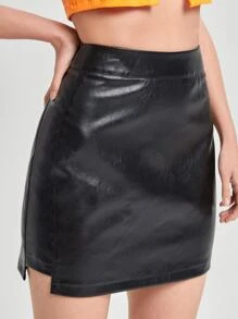SHEIN BAE Zipper Back Asymmetrical Hem PU Leather Skirt