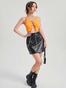 SHEIN BAE Zipper Back Asymmetrical Hem PU Leather Skirt