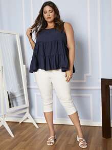 SHEIN Quần Plus Size Bất đối xứng Nút Dây kéo màu trơn Giải trí - trắng - Xem 4