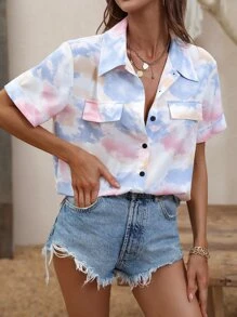 Tie Dye Flap Detail Button Up Shirt - Multicolor - View 1
