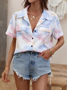 Tie Dye Flap Detail Button Up Shirt - Multicolor - View 5