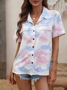 Tie Dye Flap Detail Button Up Shirt - Multicolor - View 6