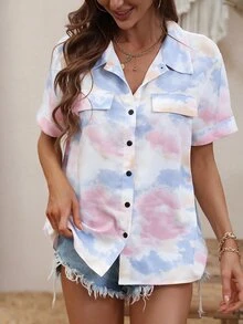 Tie Dye Flap Detail Button Up Shirt - Multicolor - View 7