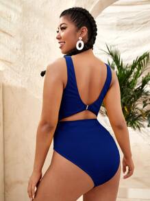 SHEIN Swim Curve Plus Cut-out Knot Front Rib One Piece Swimsuit - Royal Blue - View 2
