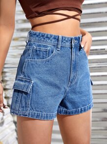 SHEIN EZwear 翻蓋口袋牛仔短褲