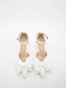 Bow Decor Point Toe Stiletto Heeled Ankle Strap Pumps - White - View 1