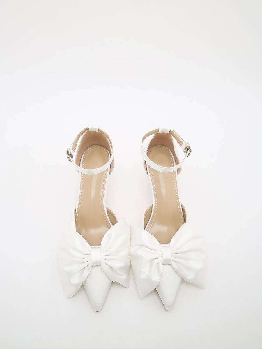 Bow Decor Point Toe Stiletto Heeled Ankle Strap Pumps - White - View 1