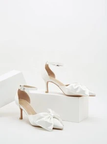 Bow Decor Point Toe Stiletto Heeled Ankle Strap Pumps - White - View 2
