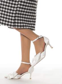 Bow Decor Point Toe Stiletto Heeled Ankle Strap Pumps - White - View 3