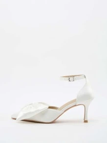 Bow Decor Point Toe Stiletto Heeled Ankle Strap Pumps - White - View 4
