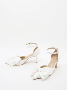 Bow Decor Point Toe Stiletto Heeled Ankle Strap Pumps - White - View 5