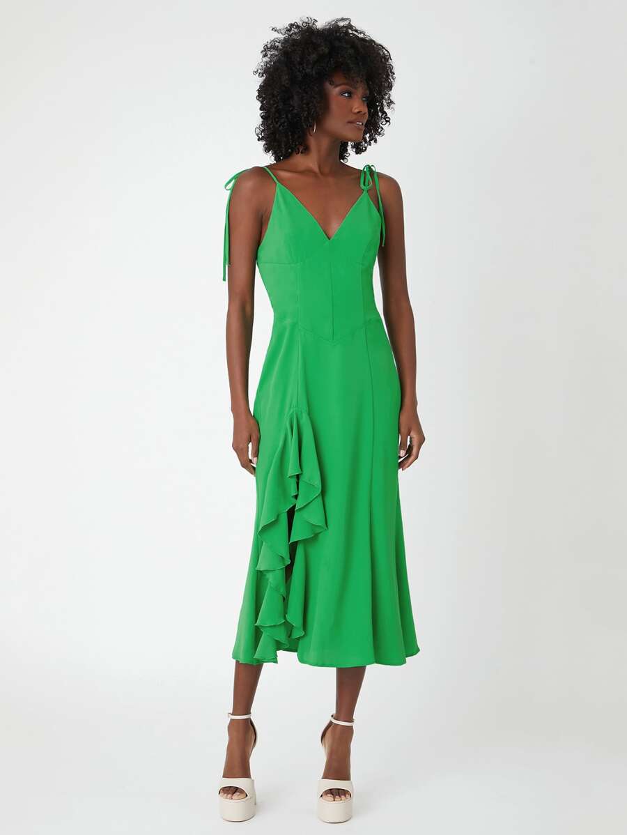 SHEINNeu Vestido de tirantes de hombros con cordón ribete con fruncido - Verde - Ver 1