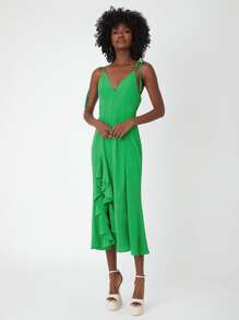 SHEINNeu Vestido de tirantes de hombros con cordón ribete con fruncido - Verde - Ver 4