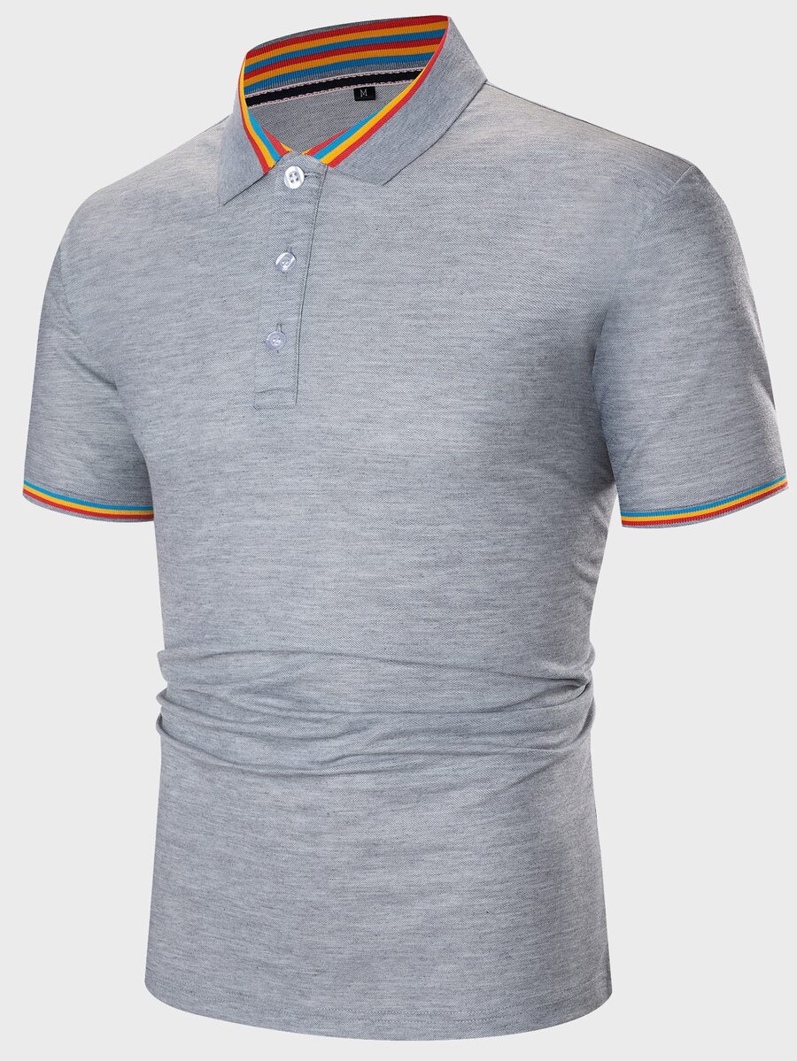 Manfinity Áo thun có cổ Nam Nút phía trước Sọc Giải trí - Xám - Xem 1