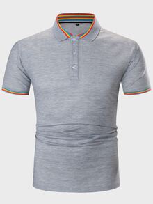 Manfinity Áo thun có cổ Nam Nút phía trước Sọc Giải trí - Xám - Xem 5