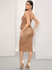 SHEIN Váy Bà bầu Xù Trọn gói Dây kéo màu trơn Thanh lịch - Lạc đà - Xem 2
