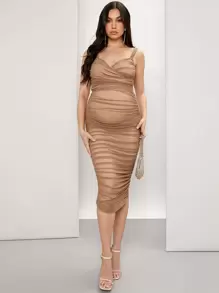 SHEIN Váy Bà bầu Xù Trọn gói Dây kéo màu trơn Thanh lịch - Lạc đà - Xem 3