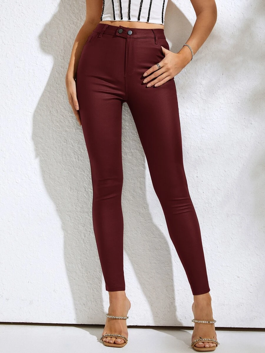 Slant Pocket PU Leather Skinny Trousers - Maroon - View 1