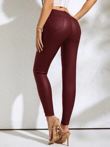 Slant Pocket PU Leather Skinny Trousers - Maroon - View 2