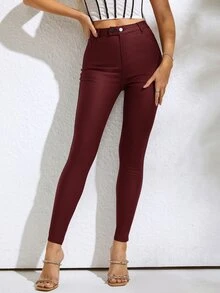 Slant Pocket PU Leather Skinny Trousers - Maroon - View 4