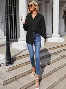 SHEIN LUNE Drop Shoulder Button Front Blouse Women Shirt - Black - View 6