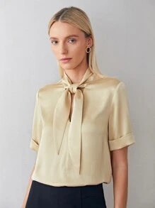 MOTF PREMIUM TIE NECK ROLL UP SLEEVE TOP - Champagne - View 2