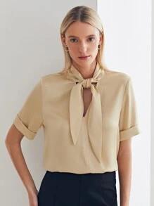 MOTF PREMIUM TIE NECK ROLL UP SLEEVE TOP - Champagne - View 4