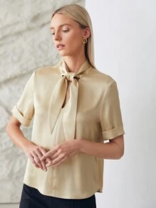 MOTF PREMIUM TIE NECK ROLL UP SLEEVE TOP - Champagne - View 6