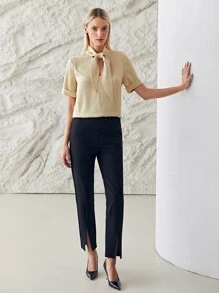 MOTF PREMIUM TIE NECK ROLL UP SLEEVE TOP - Champagne - View 8