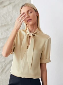 MOTF PREMIUM TIE NECK ROLL UP SLEEVE TOP - Champagne - View 10