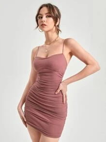 SHEIN BAE Vestido de tirantes unicolor fruncido de malla