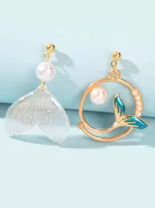 魚尾墜飾耳墜 - 金黃色 - 查看 1