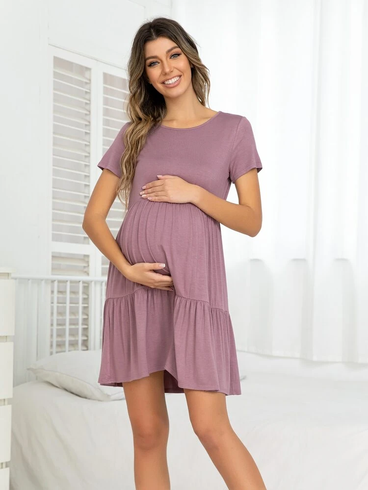 DEARCASE Maternity Ruffle Hem Solid Color Round Neck Casual Dress Summer