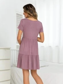 DEARCASE Maternity Ruffle Hem Solid Color Round Neck Casual Dress - Mauve Purple - View 2