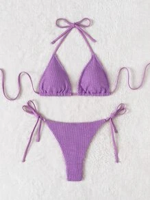 SHEIN Swim Summer Beach Textured Halter Triangle Tie Side Bikini - Purple - View 5