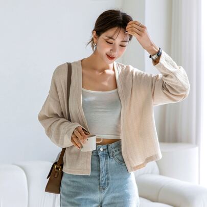 캐미 없는 솔리드 드롭 숄더 크롭 탑, 가을 의류 긴팔 여성 탑'