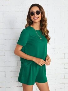 SHEIN 素色落肩T恤和運動短褲 - 墨綠色 - 查看 5