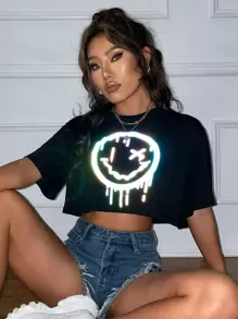 SHEIN Unity Reflective Expression Print Crop Tee Graphic Tees Women Tops - Black - View 3