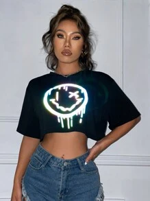 SHEIN Unity Reflective Expression Print Crop Tee Graphic Tees Women Tops - Black - View 4