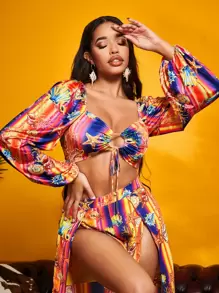 SHEIN SXY Áo nữ Lộ Lưng Cắt ra Xù Buộc lại Thắt nơ trước Thú vật Sọc Boho - Nhiều màu - Xem 1