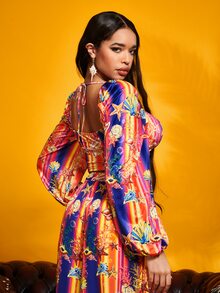 SHEIN SXY Áo nữ Lộ Lưng Cắt ra Xù Buộc lại Thắt nơ trước Thú vật Sọc Boho - Nhiều màu - Xem 2